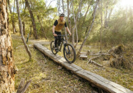 Cyclist riding over a wooden built feature at Eildon Mountain Bike Park